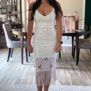 White Lace Midi Dress, Tassel Trim, Tie Back - NEVER WORN!